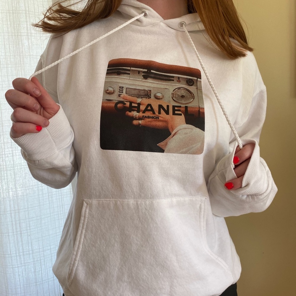 White hoodie with Chanel decal